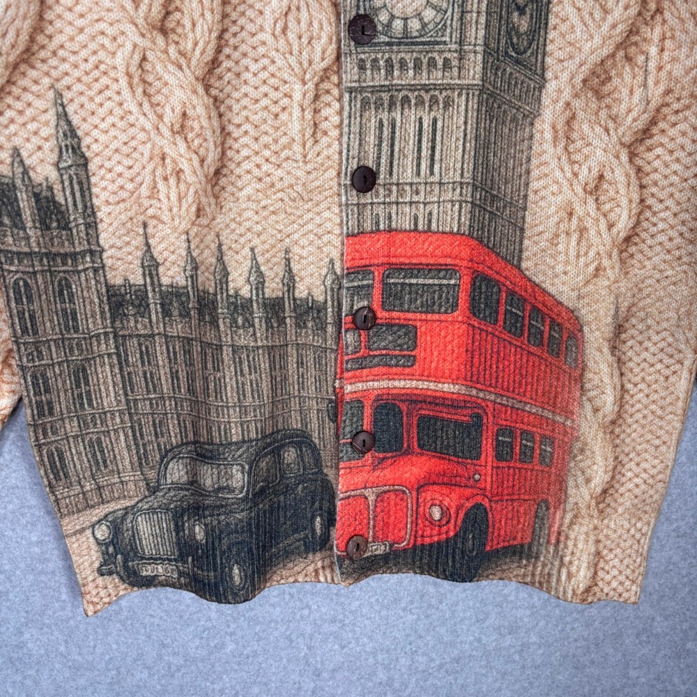 London Cardigan Sweater Large Tan Big Ben Red Bus Cable Knit Westminster Print - Picture 3 of 9